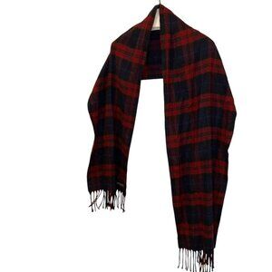 Vintage blue red cashmaire acrylic stewart plaid fringe trim scarf